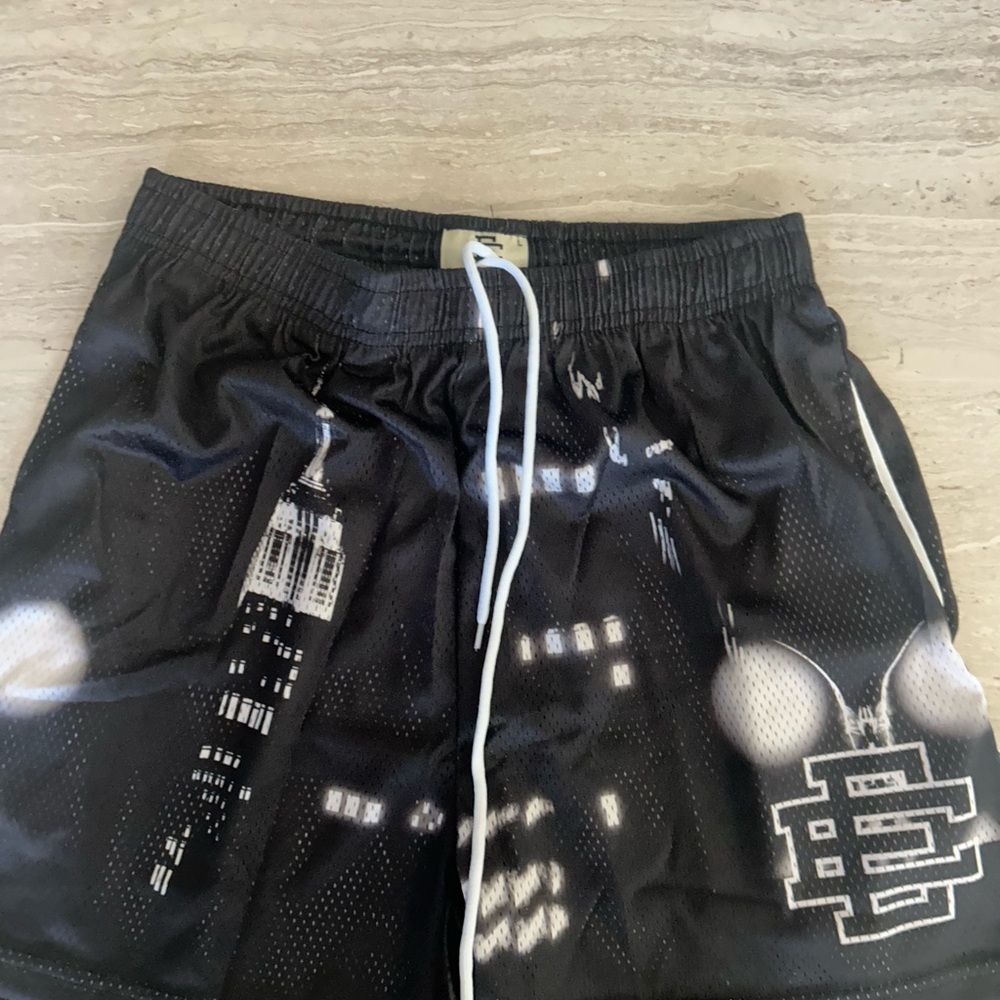 Black Graphic Shorts with White Drawstring